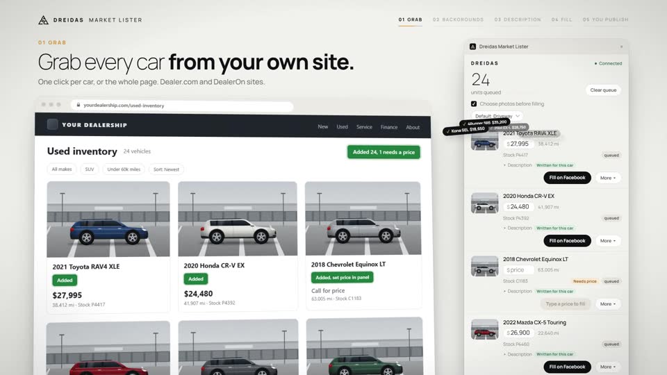 Cars from a dealership website going into the Market Lister panel