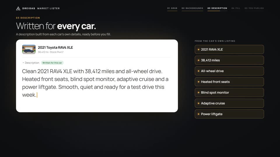 A description written from the car’s own details